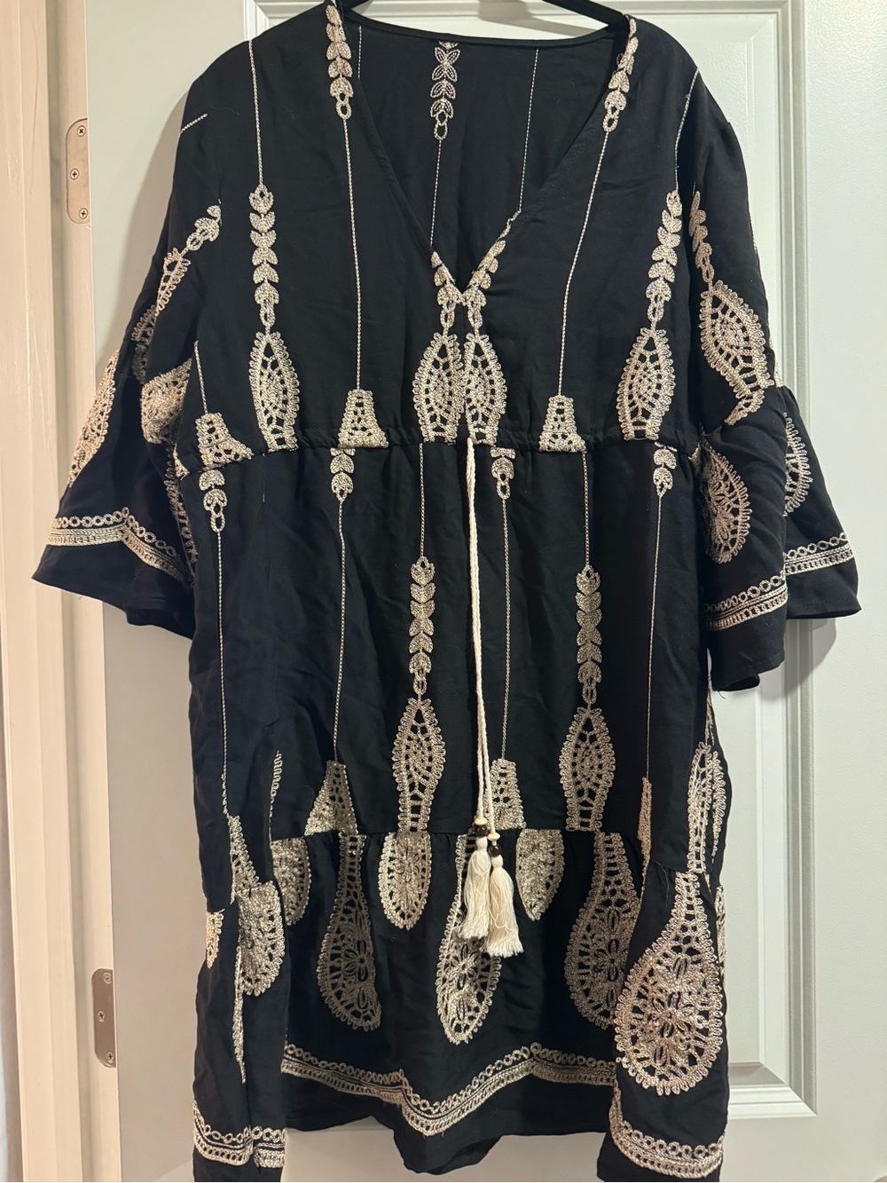 Black Mini Dress with Cream Embroidery and Tassel Tie NWT